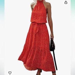 Halter Neck polka dot Long Maxi Dress Backless Loose Ruffle Sundress w Belt